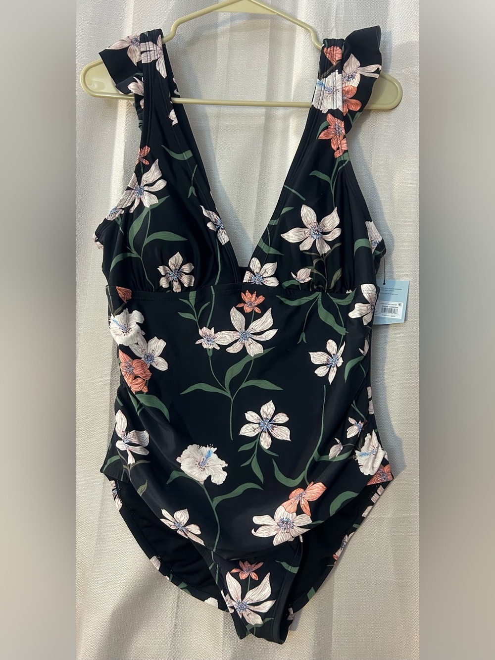 Shade & Shore Black Floral Plunge One Piece Bathing Suit XL